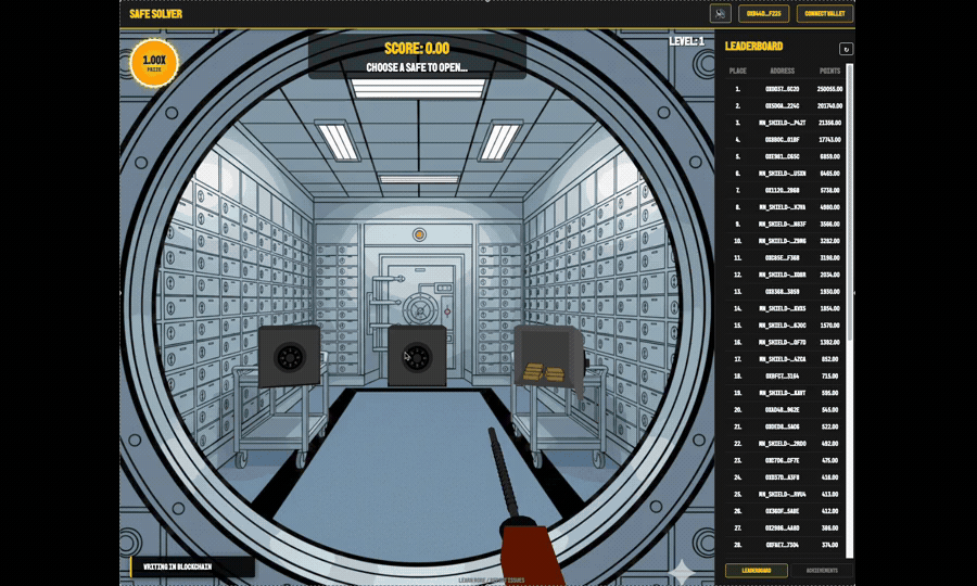 A player earns points in Safe Solver, then the achievement appears on the midnight.fun portal next to their wallet