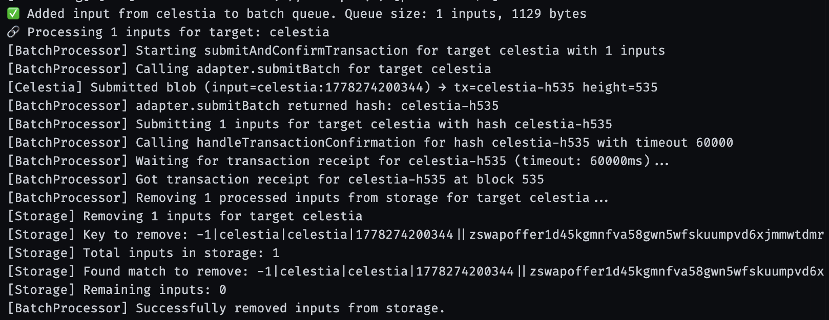 Celestia batch processor logs showing successful submissions