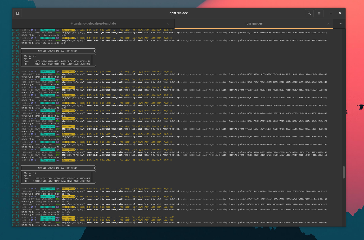 Terminal showing delegation side effects being detected in real-time