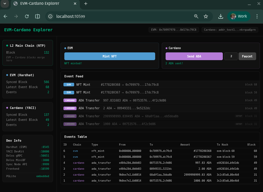 EVM-Cardano Explorer: mint NFTs, send ADA, cross-chain event feed