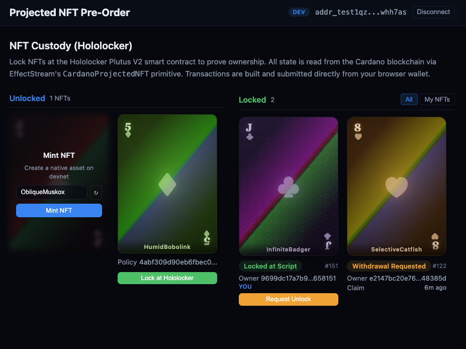 Hololocker dApp showing Mint, Lock, Unlock, and Withdrawal Request lifecycle