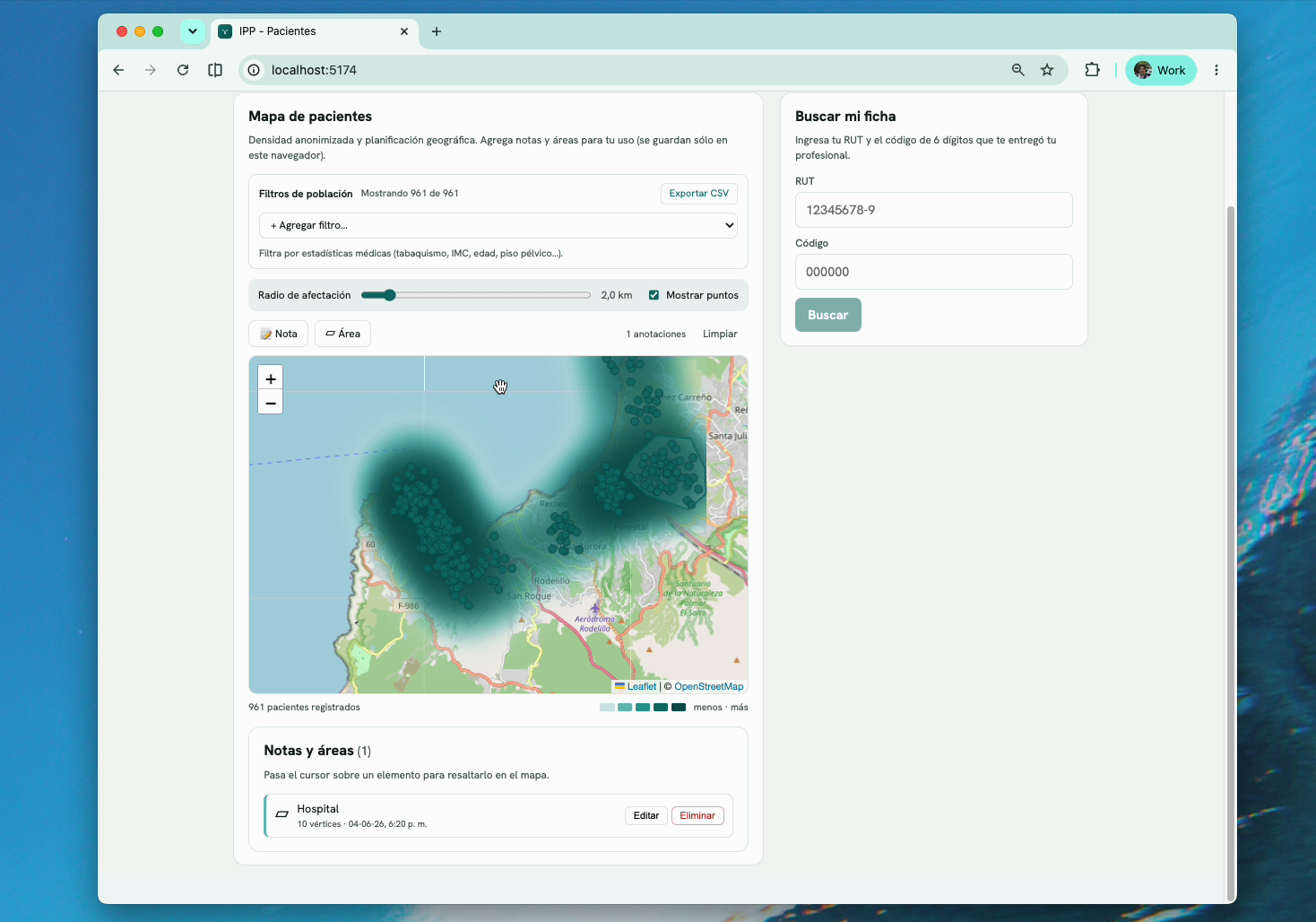 IPP web viewer - anonymized pelvic-floor records as a geographic density layer