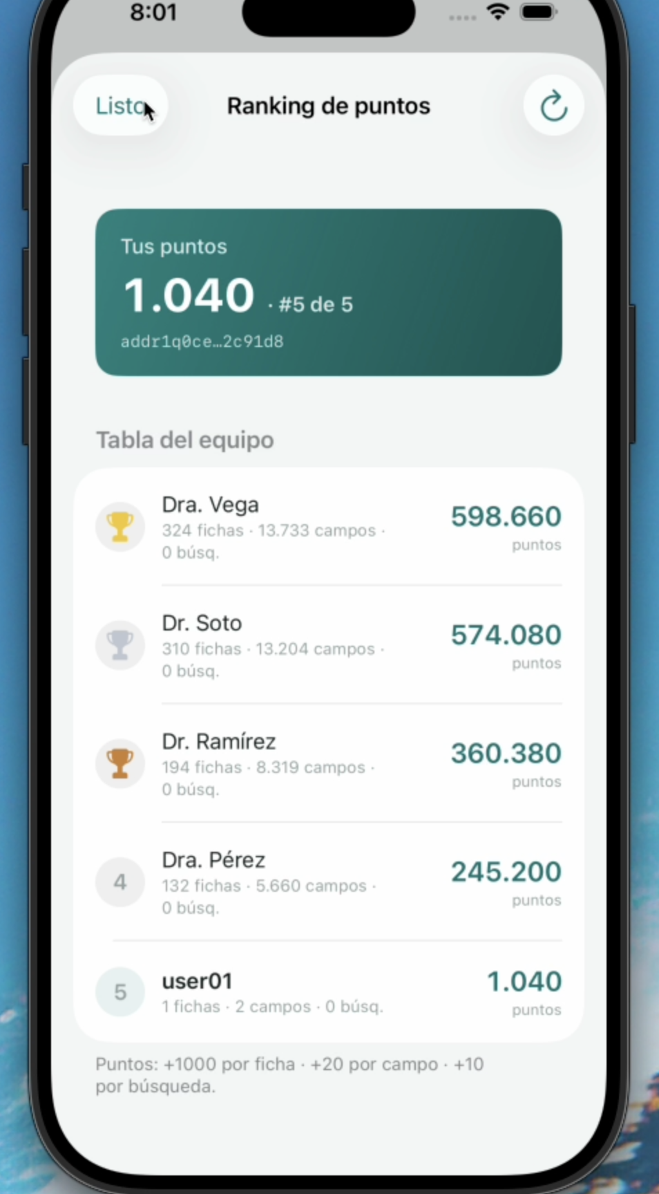 IPP iOS app - the contributor leaderboard ranking clinicians by points contributed