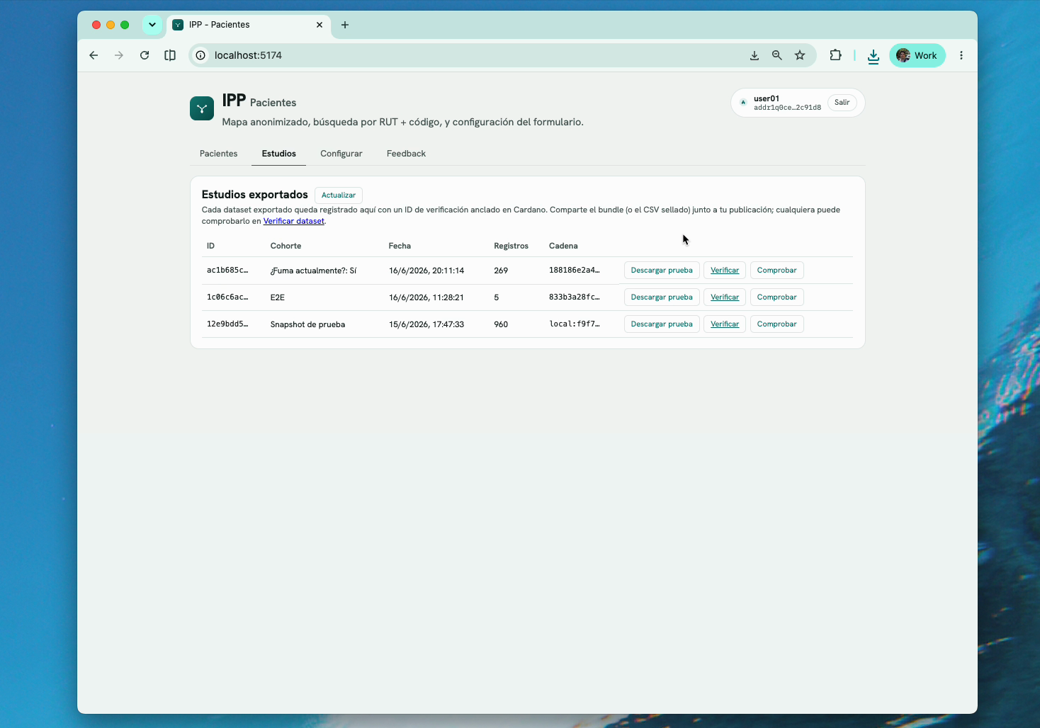 IPP web viewer - exported studies, each verifiable on Cardano