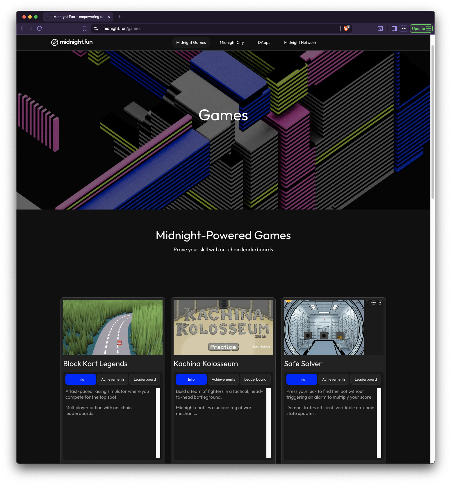 midnight.fun games portal showing Block Kart, Kachina, and Safe Solver with achievements and leaderboards