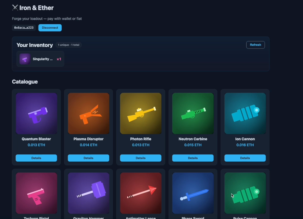 The Effectstream payment-app store: an in-game item catalogue with a wallet-or-fiat checkout