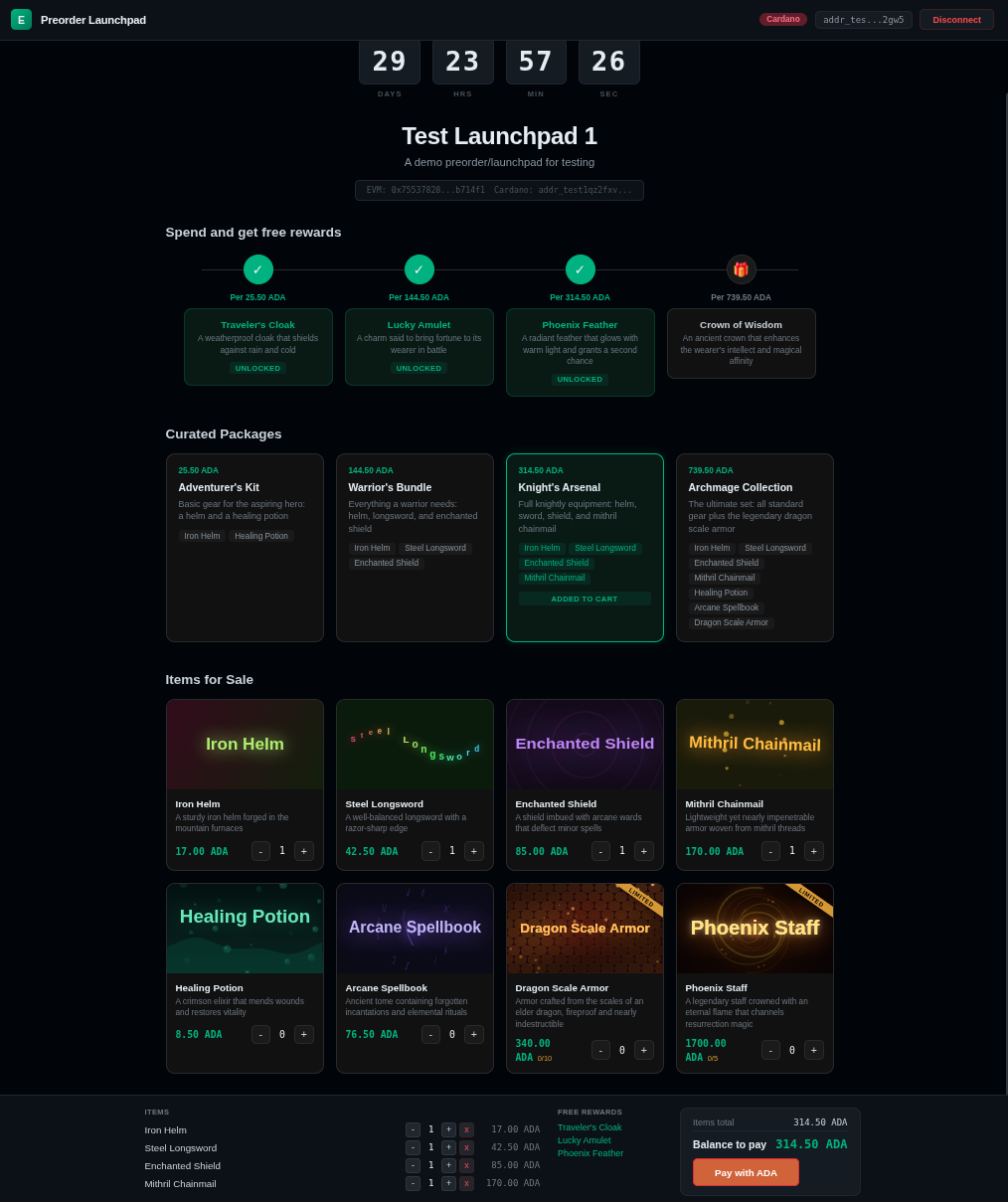 Launchpad UI, Cardano view with ADA prices, packages, and cart checkout