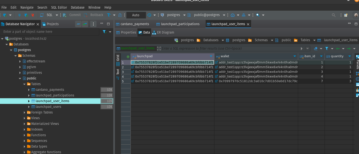 Database: launchpad_user_items table mapping wallets to purchased items