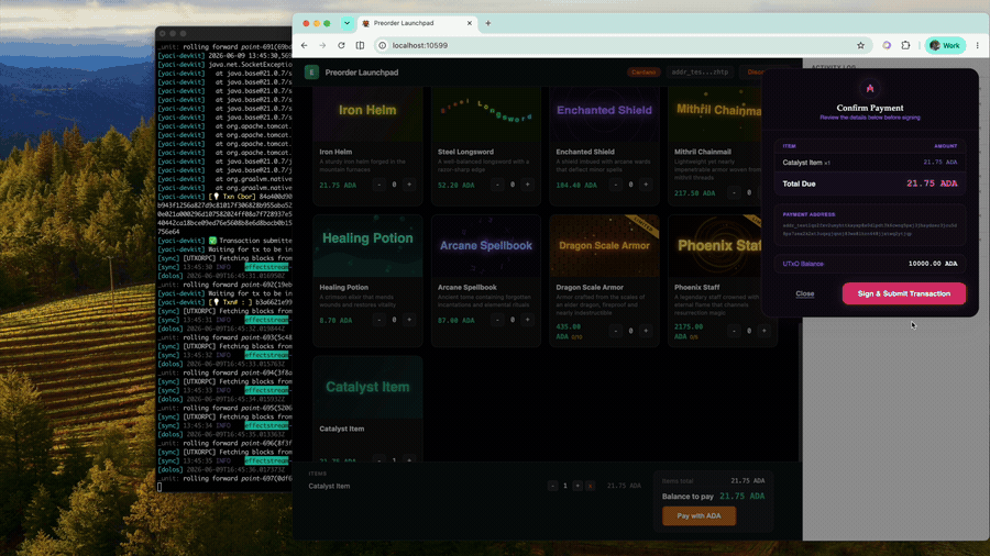 EffectStream preorder launchpad: a Cardano presale checkout paying for an item in ADA, with the UTxORPC sync running alongside