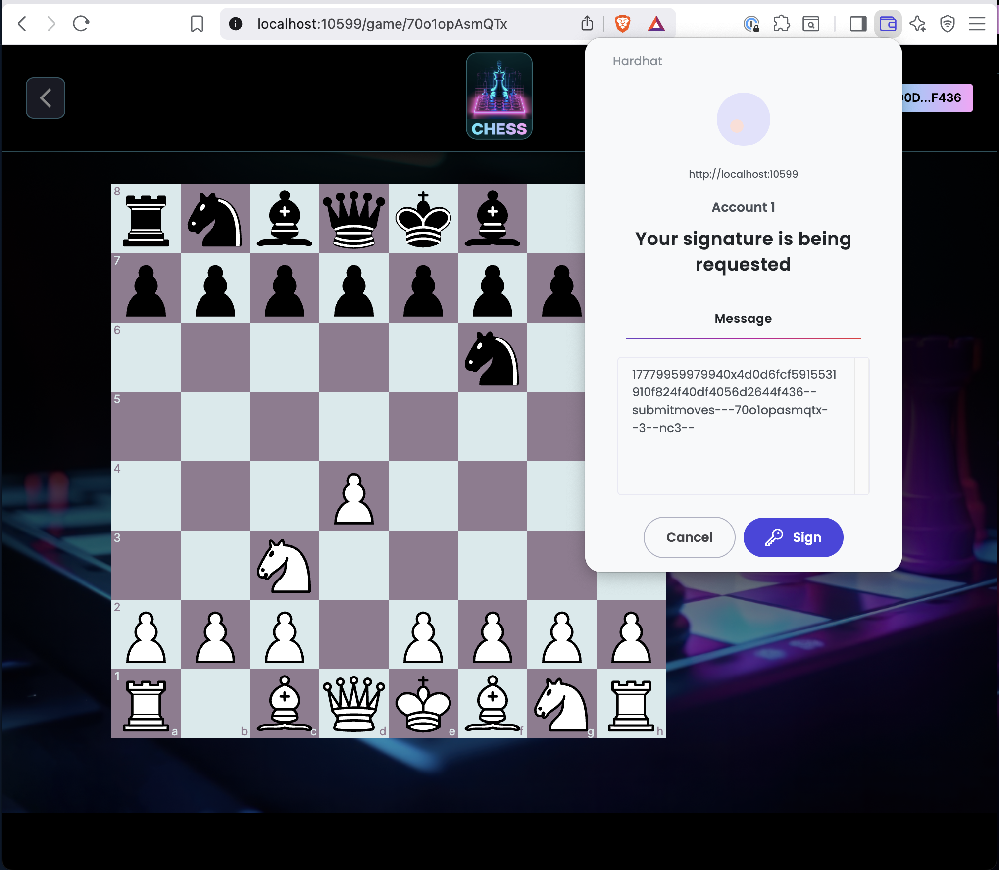 On-chain chess game requiring wallet signature to play