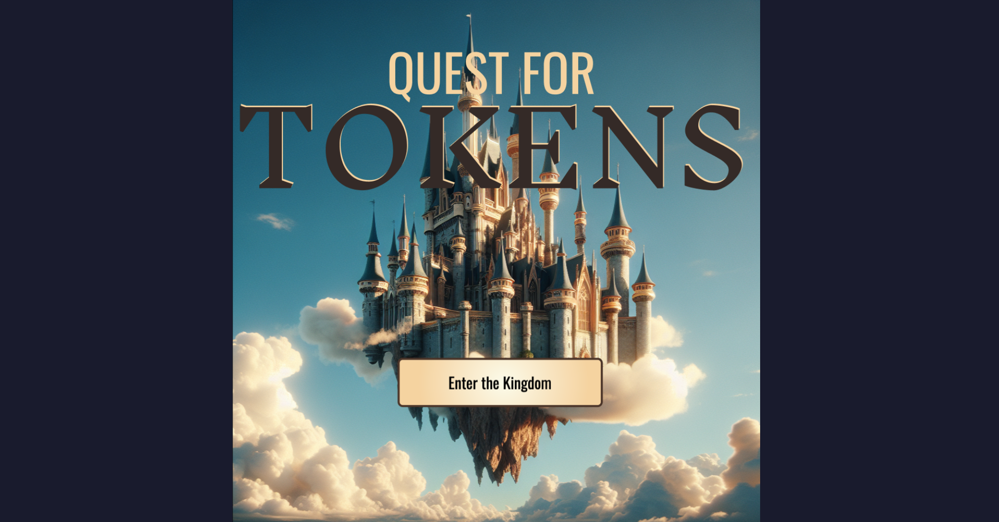 Quest for Tokens: title screen with floating castle and "Enter the Kingdom"