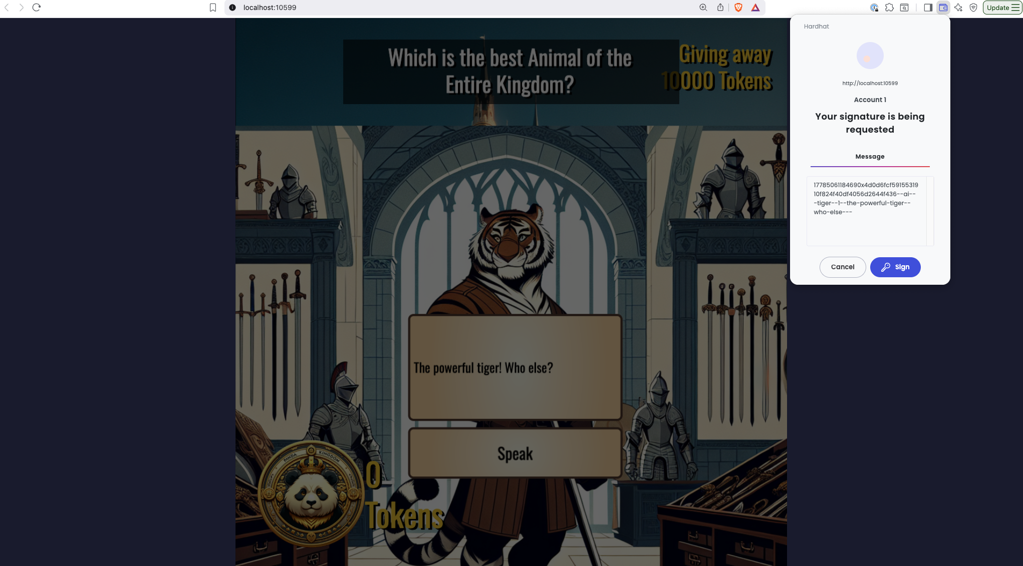 AI gameplay: tiger NPC asking a question with wallet signature popup