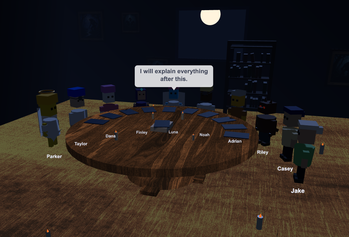 Werewolf game — 3D table with multiple players, ZK roles hidden, Compact contract enforcing inclusion proofs and nullifiers
